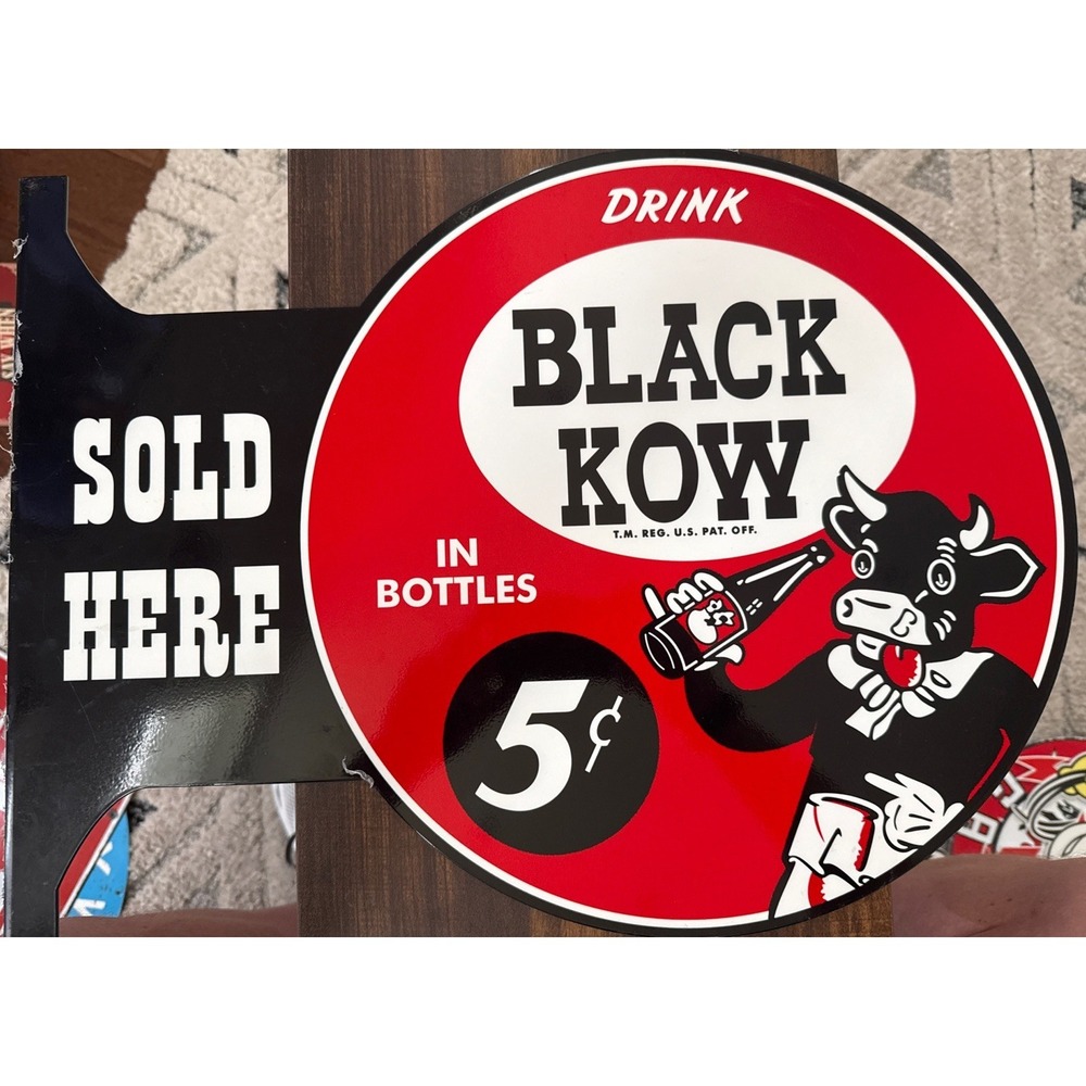 VINTAGE METAL SIGN BLACK KOW DRINK AD  WEATHERED 2 SIDED STORE OUTDOOR SIGN